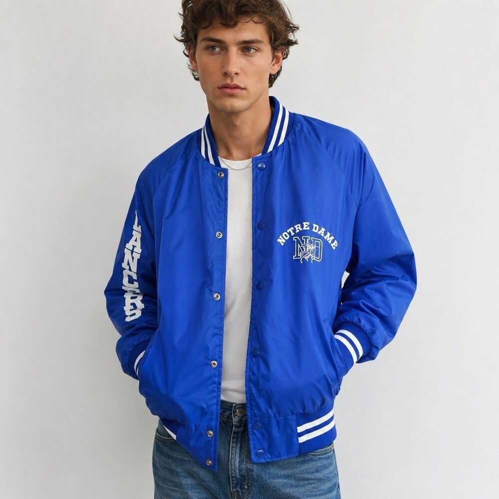 Vintage Notre Dame Lancers Jacket Men’s Medium Blue Nylon Satin Bomber USA 90s